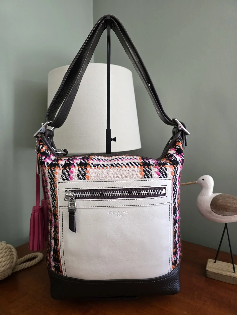 Coach Legacy 21146 Bouclé Leather Duffle Shoulder Bag Pink Black